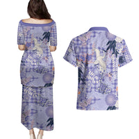 Purple Palaka Crane and Flowers Couples Matching Puletasi and Hawaiian Shirt Japan Heritage Spirit - Polynesian Pride