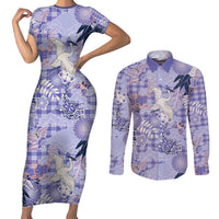 Purple Palaka Crane and Flowers Couples Matching Short Sleeve Bodycon Dress and Long Sleeve Button Shirt Japan Heritage Spirit - Polynesian Pride