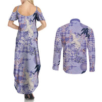 Purple Palaka Crane and Flowers Couples Matching Summer Maxi Dress and Long Sleeve Button Shirt Japan Heritage Spirit - Polynesian Pride