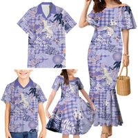 Purple Palaka Crane and Flowers Family Matching Mermaid Dress and Hawaiian Shirt Japan Heritage Spirit - Polynesian Pride