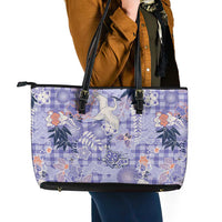 Purple Palaka Crane and Flowers Leather Tote Bag Japan Heritage Spirit LT9 - Polynesian Pride