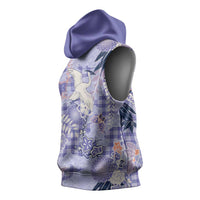 Purple Palaka Crane and Flowers Sleeveless Hoodie Japan Heritage Spirit - Polynesian Pride
