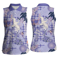 Purple Palaka Crane and Flowers Women Sleeveless Polo Shirt Japan Heritage Spirit - Polynesian Pride