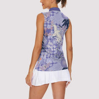 Purple Palaka Crane and Flowers Women Sleeveless Polo Shirt Japan Heritage Spirit - Polynesian Pride