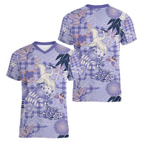 Purple Palaka Crane and Flowers Women V-Neck T-Shirt Japan Heritage Spirit LT9 - Polynesian Pride