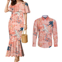 Red Palaka Crane and Flowers Couples Matching Mermaid Dress and Long Sleeve Button Shirt Japan Heritage Spirit - Polynesian Pride