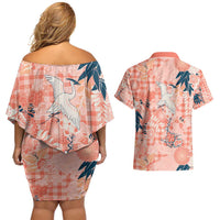 Red Palaka Crane and Flowers Couples Matching Off Shoulder Short Dress and Hawaiian Shirt Japan Heritage Spirit - Polynesian Pride