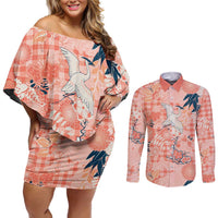 Red Palaka Crane and Flowers Couples Matching Off Shoulder Short Dress and Long Sleeve Button Shirt Japan Heritage Spirit - Polynesian Pride