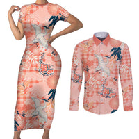 Red Palaka Crane and Flowers Couples Matching Short Sleeve Bodycon Dress and Long Sleeve Button Shirt Japan Heritage Spirit - Polynesian Pride