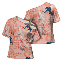 Red Palaka Crane and Flowers Cross Shoulder Shirt Japan Heritage Spirit - Polynesian Pride