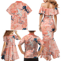 Red Palaka Crane and Flowers Family Matching Mermaid Dress and Hawaiian Shirt Japan Heritage Spirit LT9 - Polynesian Pride