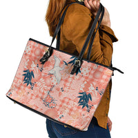 Red Palaka Crane and Flowers Leather Tote Bag Japan Heritage Spirit - Polynesian Pride