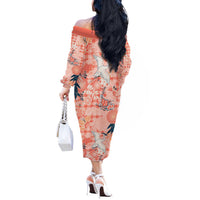 Red Palaka Crane and Flowers Off The Shoulder Long Sleeve Dress Japan Heritage Spirit - Polynesian Pride