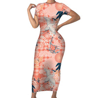 Red Palaka Crane and Flowers Short Sleeve Bodycon Dress Japan Heritage Spirit - Polynesian Pride