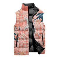 Red Palaka Crane and Flowers Sleeveless Puffer Jacket Japan Heritage Spirit - Polynesian Pride