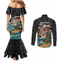 Personalized Japanese Koi Fish Ramen Couples Matching Mermaid Dress and Long Sleeve Button Shirt Tiki Surfing Wagara Hibiscus Pattern