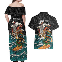 Personalized Japanese Koi Fish Ramen Couples Matching Off Shoulder Maxi Dress and Hawaiian Shirt Tiki Surfing Wagara Hibiscus Pattern