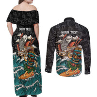 Personalized Japanese Koi Fish Ramen Couples Matching Off Shoulder Maxi Dress and Long Sleeve Button Shirt Tiki Surfing Wagara Hibiscus Pattern
