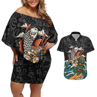 Personalized Japanese Koi Fish Ramen Couples Matching Off Shoulder Short Dress and Hawaiian Shirt Tiki Surfing Wagara Hibiscus Pattern LT9 Black - Polynesian Pride
