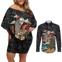 Personalized Japanese Koi Fish Ramen Couples Matching Off Shoulder Short Dress and Long Sleeve Button Shirt Tiki Surfing Wagara Hibiscus Pattern