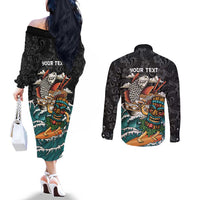 Personalized Japanese Koi Fish Ramen Couples Matching Off The Shoulder Long Sleeve Dress and Long Sleeve Button Shirt Tiki Surfing Wagara Hibiscus Pattern LT9 - Polynesian Pride