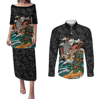 Personalized Japanese Koi Fish Ramen Couples Matching Puletasi and Long Sleeve Button Shirt Tiki Surfing Wagara Hibiscus Pattern