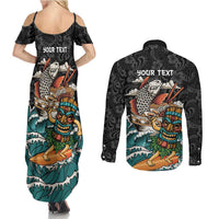 Personalized Japanese Koi Fish Ramen Couples Matching Summer Maxi Dress and Long Sleeve Button Shirt Tiki Surfing Wagara Hibiscus Pattern