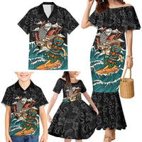 Personalized Japanese Koi Fish Ramen Family Matching Mermaid Dress and Hawaiian Shirt Tiki Surfing Wagara Hibiscus Pattern