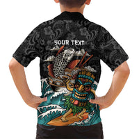 Personalized Japanese Koi Fish Ramen Family Matching Off The Shoulder Long Sleeve Dress and Hawaiian Shirt Tiki Surfing Wagara Hibiscus Pattern