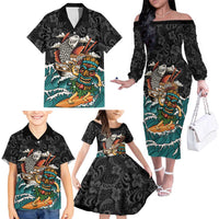 Personalized Japanese Koi Fish Ramen Family Matching Off The Shoulder Long Sleeve Dress and Hawaiian Shirt Tiki Surfing Wagara Hibiscus Pattern