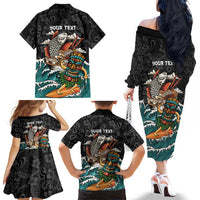 Personalized Japanese Koi Fish Ramen Family Matching Off The Shoulder Long Sleeve Dress and Hawaiian Shirt Tiki Surfing Wagara Hibiscus Pattern