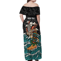 Personalized Japanese Koi Fish Ramen Family Matching Off Shoulder Maxi Dress and Hawaiian Shirt Tiki Surfing Wagara Hibiscus Pattern