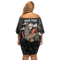 Personalized Japanese Koi Fish Ramen Family Matching Off Shoulder Short Dress and Hawaiian Shirt Tiki Surfing Wagara Hibiscus Pattern