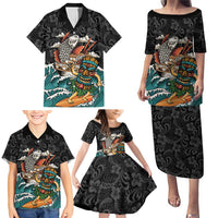 Personalized Japanese Koi Fish Ramen Family Matching Puletasi and Hawaiian Shirt Tiki Surfing Wagara Hibiscus Pattern