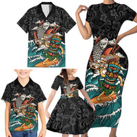Personalized Japanese Koi Fish Ramen Family Matching Short Sleeve Bodycon Dress and Hawaiian Shirt Tiki Surfing Wagara Hibiscus Pattern