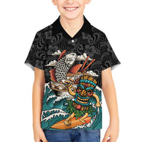 Personalized Japanese Koi Fish Ramen Kid Hawaiian Shirt Tiki Surfing Wagara Hibiscus Pattern LT9 Kid Black - Polynesian Pride