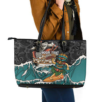 Personalized Japanese Koi Fish Ramen Leather Tote Bag Tiki Surfing Wagara Hibiscus Pattern