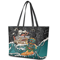 Personalized Japanese Koi Fish Ramen Leather Tote Bag Tiki Surfing Wagara Hibiscus Pattern