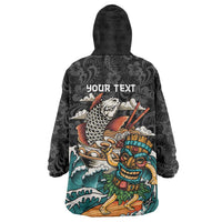 Personalized Japanese Koi Fish Ramen Wearable Blanket Hoodie Tiki Surfing Wagara Hibiscus Pattern