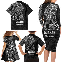 Black Guam Latte Stone Tribal Tattoo Family Matching Long Sleeve Bodycon Dress and Hawaiian Shirt Hafa Adai Six 7 One