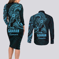 Blue Guam Latte Stone Tribal Tattoo Couples Matching Long Sleeve Bodycon Dress and Long Sleeve Button Shirt Hafa Adai Six 7 One