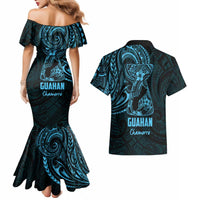 Blue Guam Latte Stone Tribal Tattoo Couples Matching Mermaid Dress and Hawaiian Shirt Hafa Adai Six 7 One