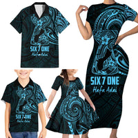 Blue Guam Latte Stone Tribal Tattoo Family Matching Short Sleeve Bodycon Dress and Hawaiian Shirt Hafa Adai Six 7 One