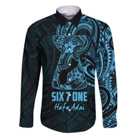 Blue Guam Latte Stone Tribal Tattoo Family Matching Short Sleeve Bodycon Dress and Hawaiian Shirt Hafa Adai Six 7 One