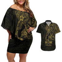 Gold Guam Latte Stone Tribal Tattoo Couples Matching Off Shoulder Short Dress and Hawaiian Shirt Hafa Adai Six 7 One