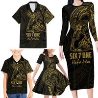 Gold Guam Latte Stone Tribal Tattoo Family Matching Long Sleeve Bodycon Dress and Hawaiian Shirt Hafa Adai Six 7 One