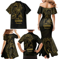 Gold Guam Latte Stone Tribal Tattoo Family Matching Mermaid Dress and Hawaiian Shirt Hafa Adai Six 7 One