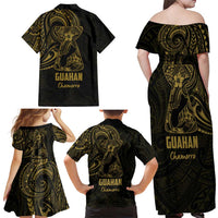 Gold Guam Latte Stone Tribal Tattoo Family Matching Off Shoulder Maxi Dress and Hawaiian Shirt Hafa Adai Six 7 One