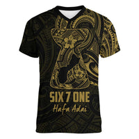 Gold Guam Latte Stone Tribal Tattoo Women V-Neck T-Shirt Hafa Adai Six 7 One