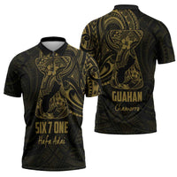 Gold Guam Latte Stone Tribal Tattoo Zipper Polo Shirt Hafa Adai Six 7 One LT9 - Polynesian Pride